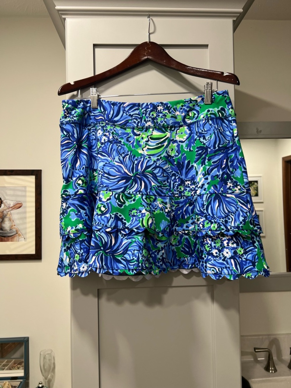 Lilly Pulitzer Luxletic Pernilla skort 
Blue & Green Floral Scalloped Skort